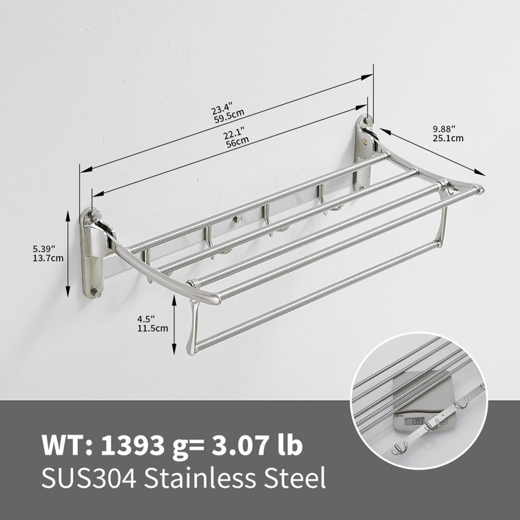 24 Inch Brushed Nickel Wall Mounted Foldable Towel Rack with Hooks