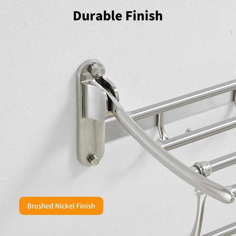 24 Inch Brushed Nickel Wall Mounted Foldable Towel Rack with Hooks