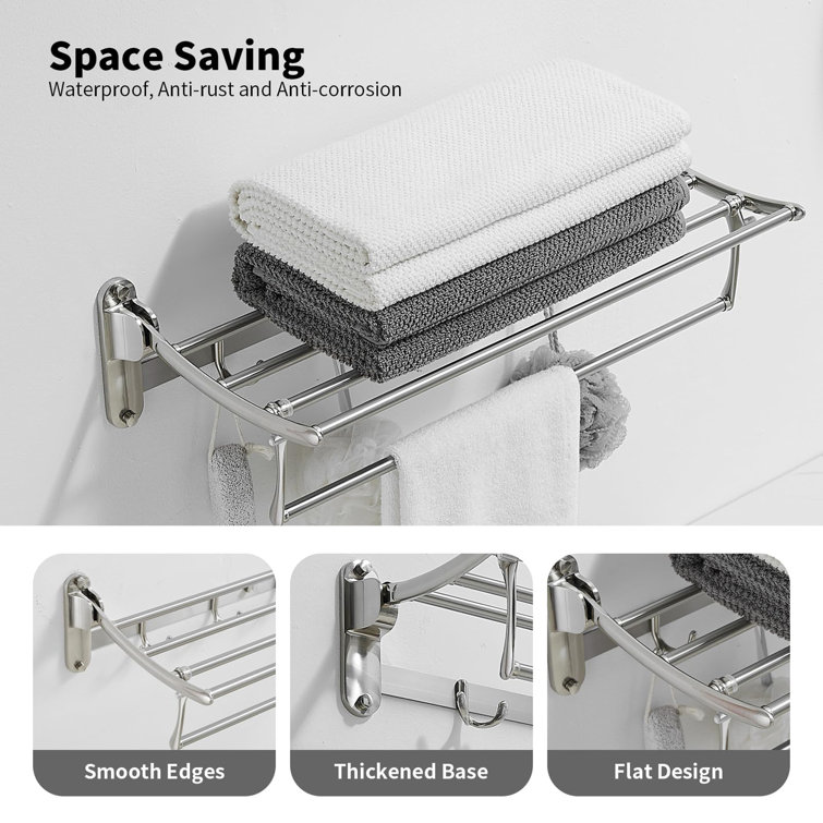24 Inch Brushed Nickel Wall Mounted Foldable Towel Rack with Hooks