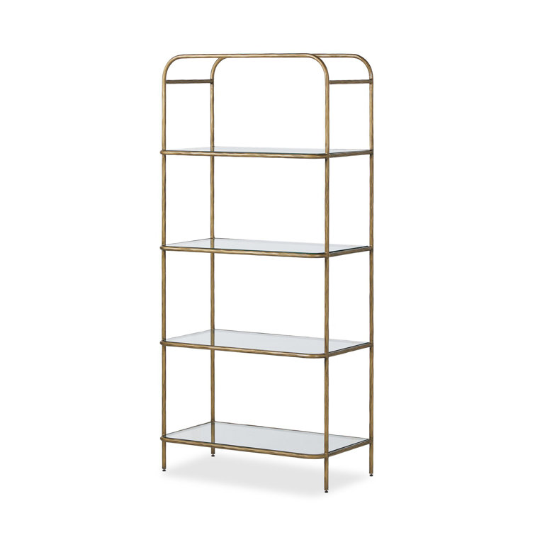 Hammered Aged Brass Metal Bookcase with Tempered Glass Shelves