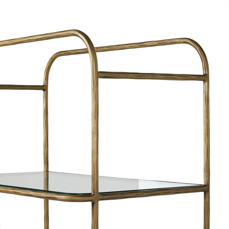 Hammered Aged Brass Metal Bookcase with Tempered Glass Shelves