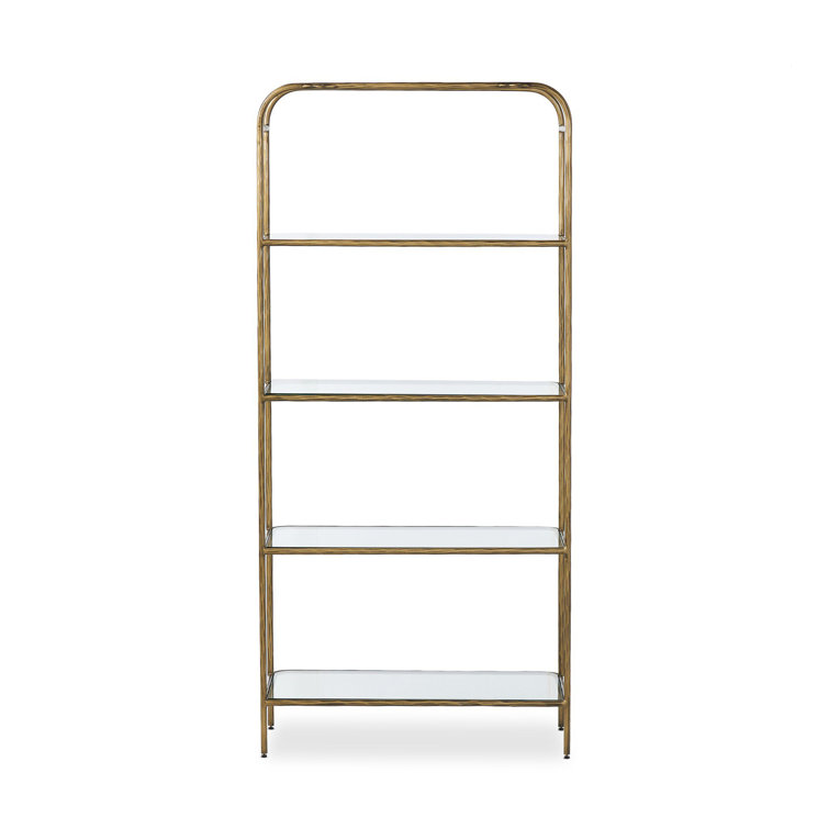 Hammered Aged Brass Metal Bookcase with Tempered Glass Shelves