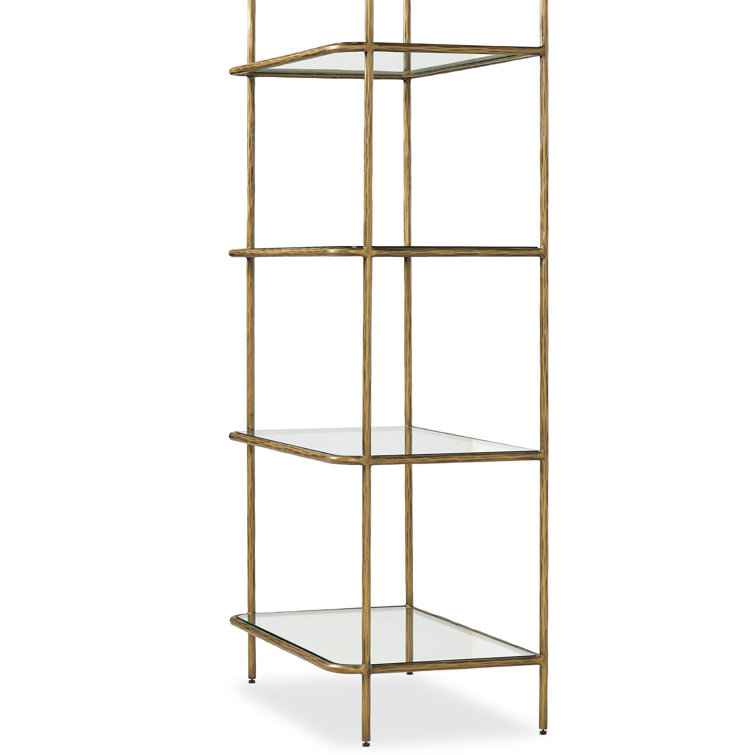 Hammered Aged Brass Metal Bookcase with Tempered Glass Shelves