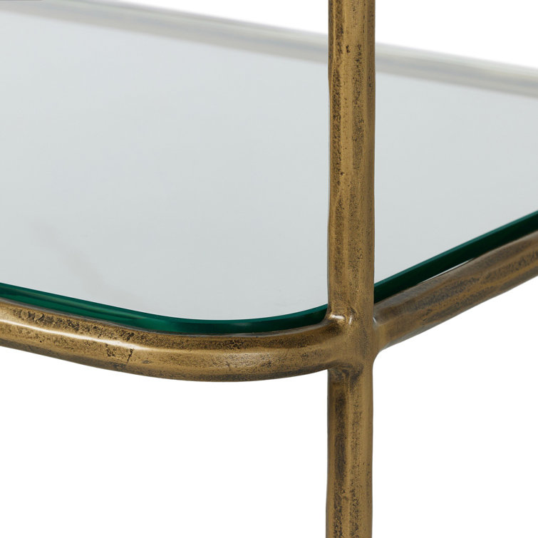 Hammered Aged Brass Metal Bookcase with Tempered Glass Shelves
