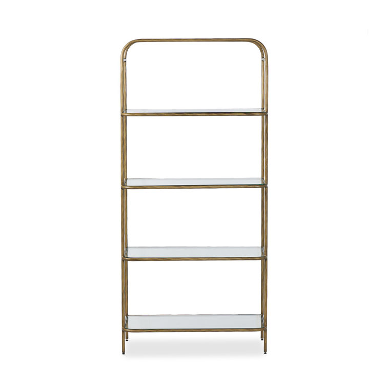 Hammered Aged Brass Metal Bookcase with Tempered Glass Shelves