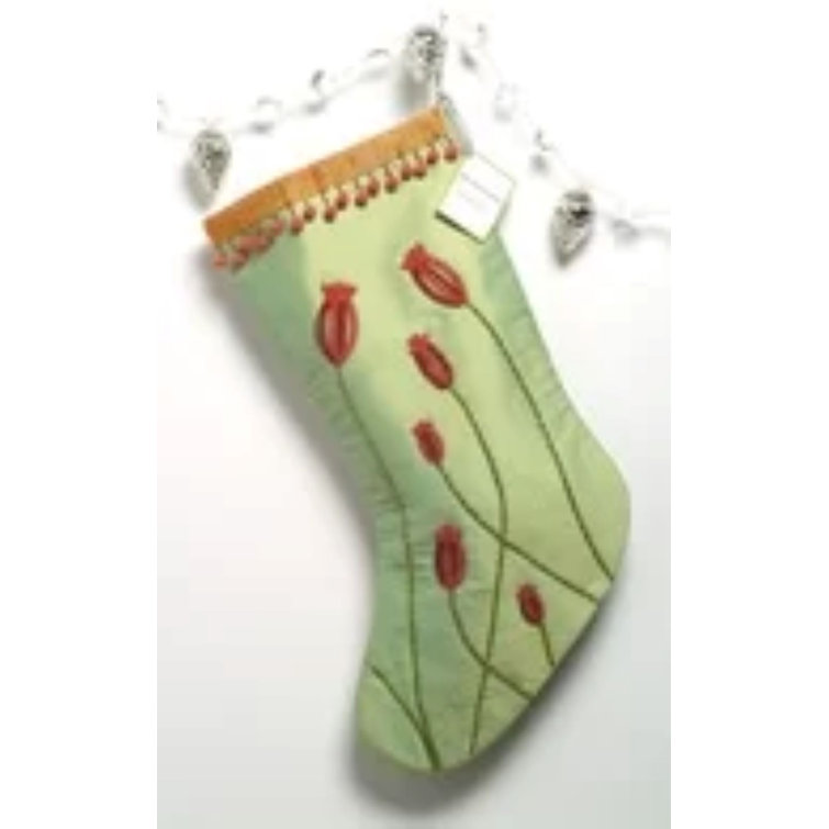 Green Silk Christmas Stocking with Hand Beaded Poppies