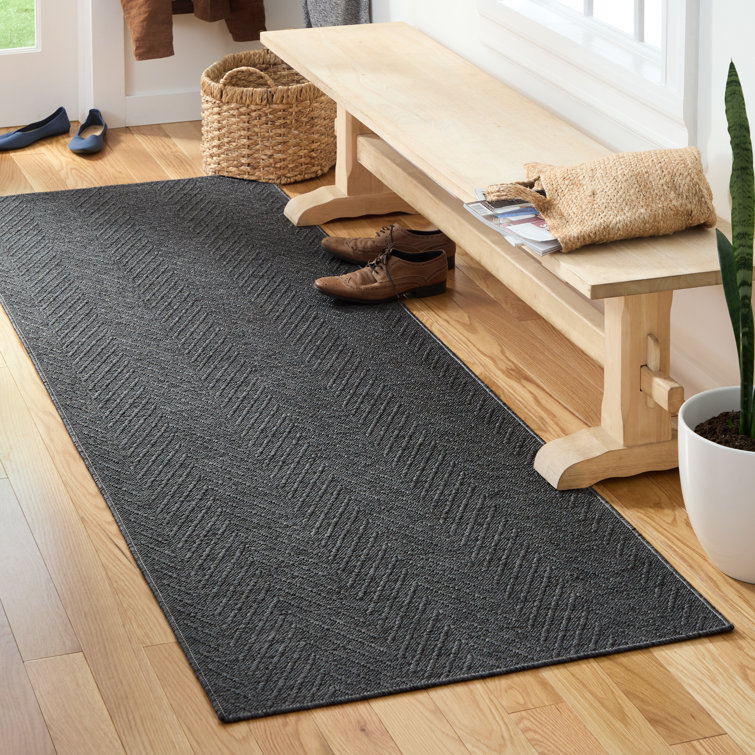 Pax Herringbone Textured Black Cotton Synthetic Washable Runner Rug