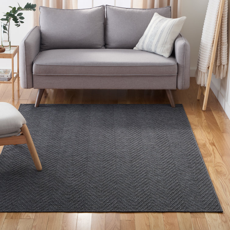 Dark Grey Herringbone Textured Washable Synthetic Area Rug