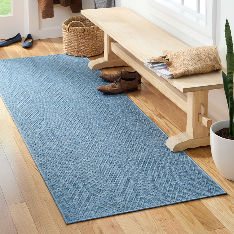 Blue Cotton and Polyester Herringbone Washable Runner Rug