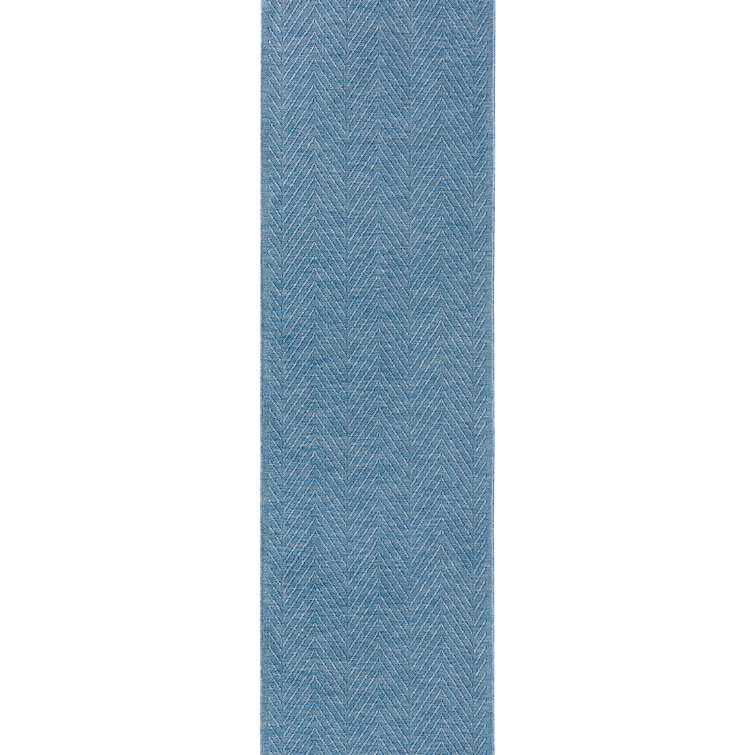 Blue Cotton and Polyester Herringbone Washable Runner Rug