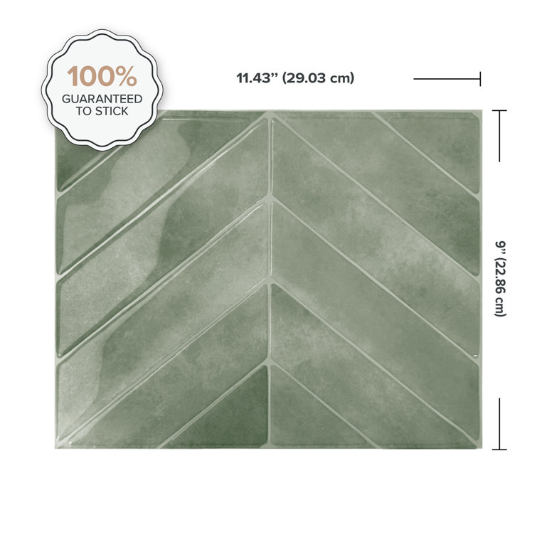 Chevron Solna Green Glossy Peel and Stick Backsplash Tile Set