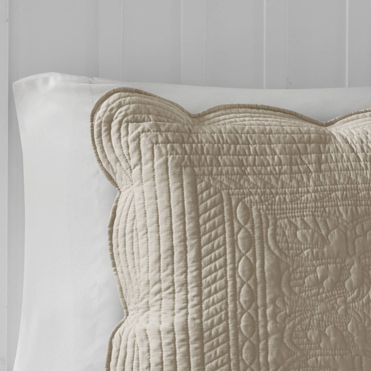 Beige King Microfiber Reversible Quilt Set with Scalloped Edges