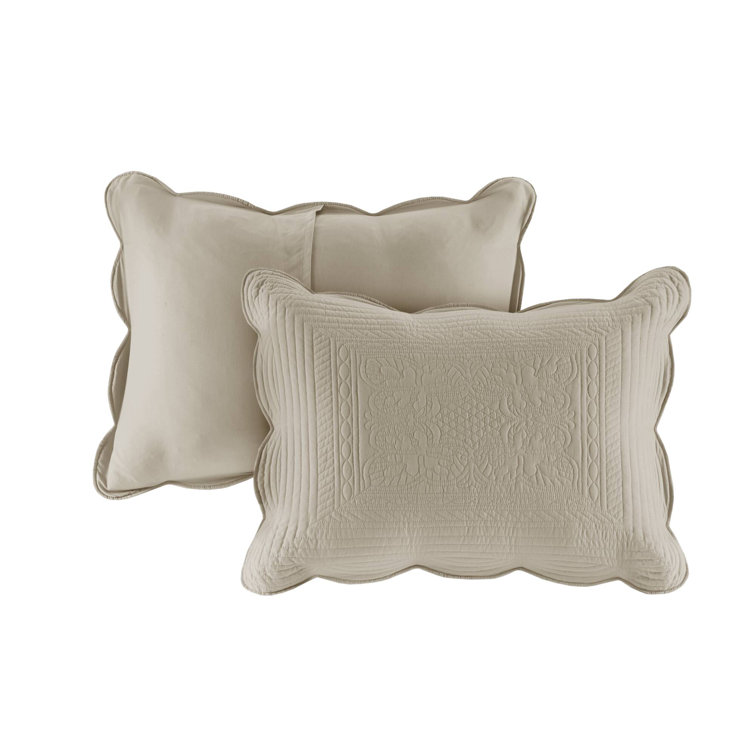 Beige King Microfiber Reversible Quilt Set with Scalloped Edges