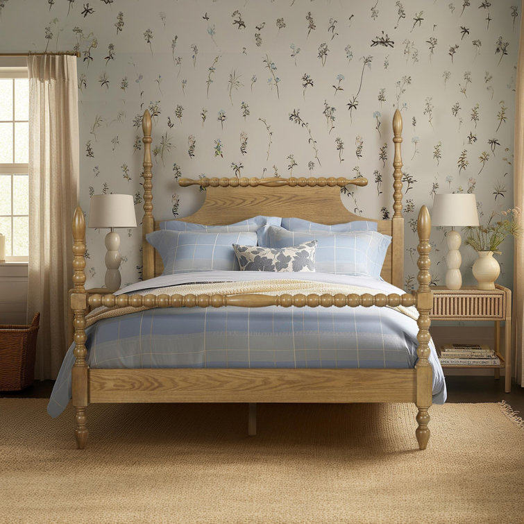 Beckett Natural Wood Queen Poster Bed with Headboard and Drawer