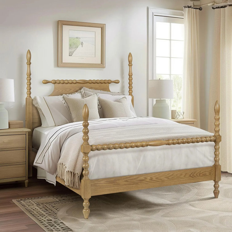 Beckett Natural Wood Queen Poster Bed with Headboard and Drawer