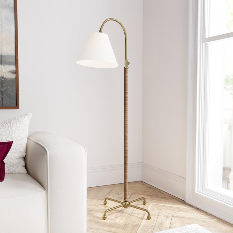 Curves No.1 Aged Brass Arc Floor Lamp with Off-White Linen Shade