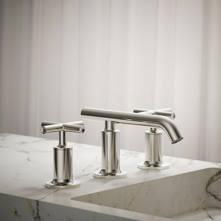 Elegant Purist 8" Widespread Nickel Bathroom Faucet with Low Cross Handles