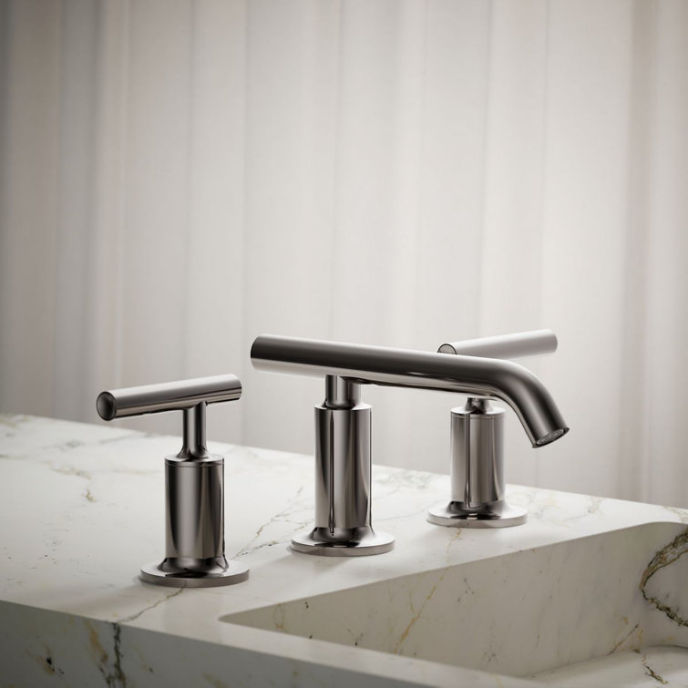 Elegant Purist 8" Widespread Nickel Bathroom Faucet with Low Cross Handles