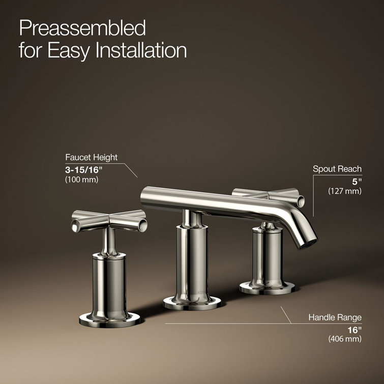 Elegant Purist 8" Widespread Nickel Bathroom Faucet with Low Cross Handles