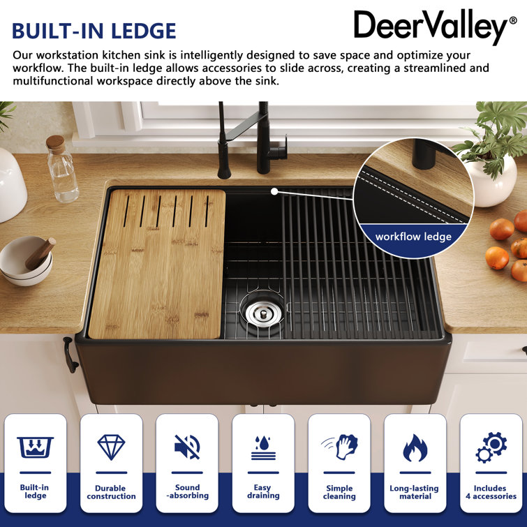 Matte Black 33" Fireclay Farmhouse Workstation Kitchen Sink with Accessories