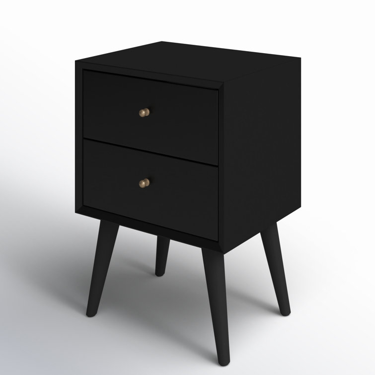 Flynn Black Transitional Mid-Century 2-Drawer Nightstand