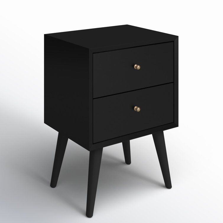 Flynn Black Transitional Mid-Century 2-Drawer Nightstand