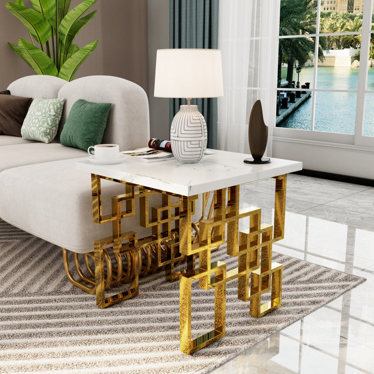 White and Gold Geometric Base Living Room Table Set, 3 Pieces