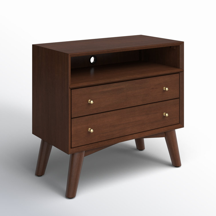 Walnut Brown Mahogany 2-Drawer Nightstand with Shelf