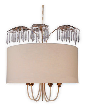Antoinette Cream Linen and Glass 5-Light Drum Pendant with Distressed Gold and Silver Accents