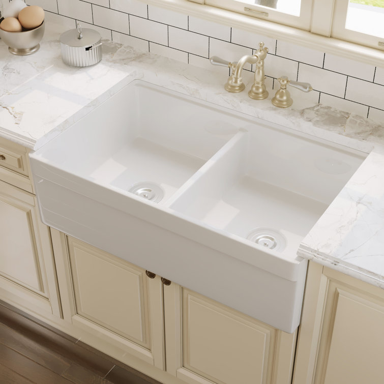 33" White Fireclay Double Bowl Farmhouse Kitchen Sink with Accessories