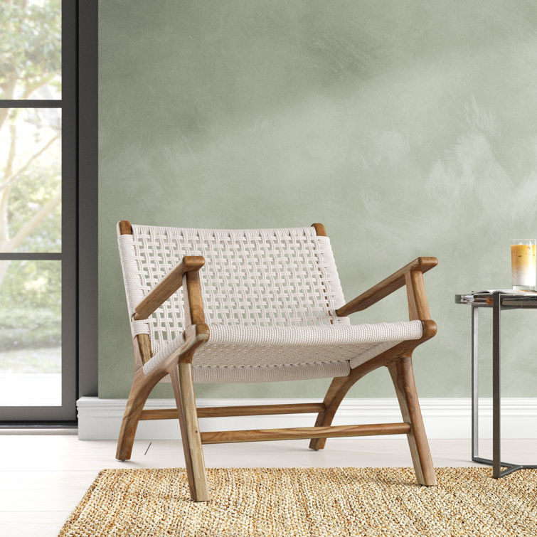 White Woven Teak Wood Armchair with Natural Finish