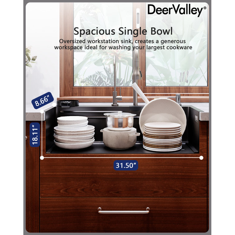 32" Black Stainless Steel Drop-In Single Bowl Kitchen Sink Workstation