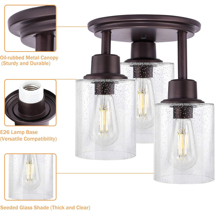 Bronze 3-Light Semi Flush Mount Ceiling Light with Clear Seeded Glass Shades