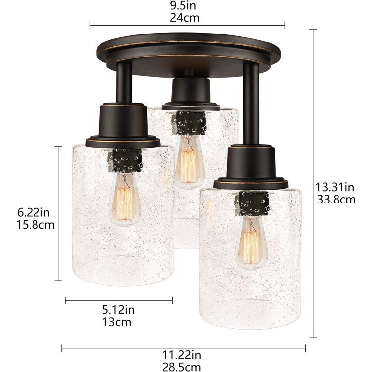 Black 3-Light Semi Flush Mount Ceiling Light with Clear Seeded Glass Shades