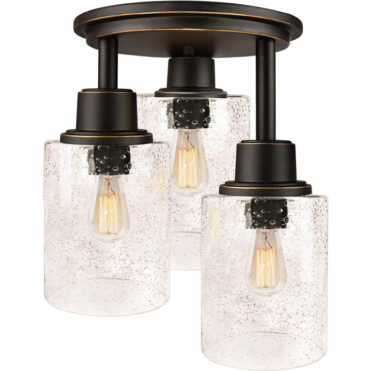 Black 3-Light Semi Flush Mount Ceiling Light with Clear Seeded Glass Shades