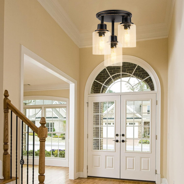 Black 3-Light Semi Flush Mount Ceiling Light with Clear Seeded Glass Shades