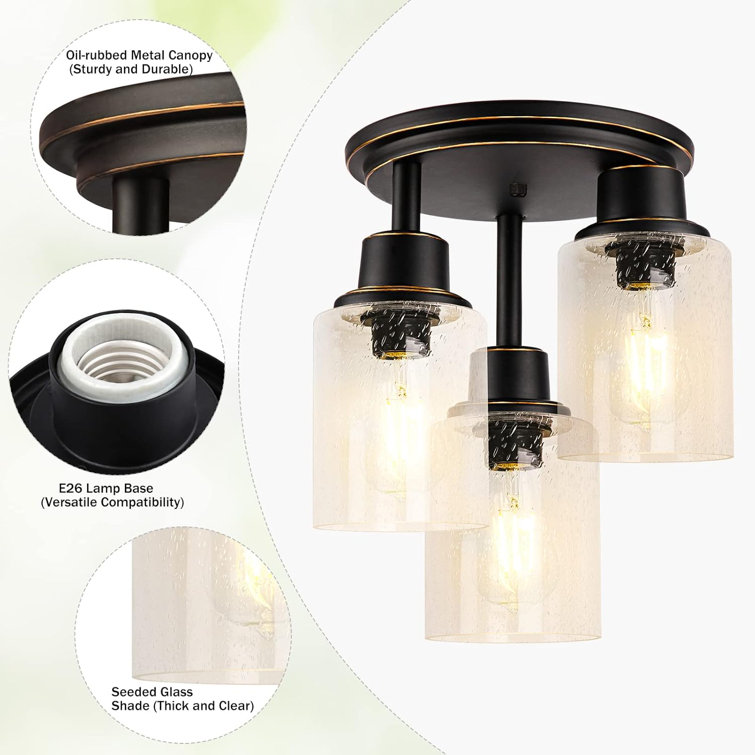 Black 3-Light Semi Flush Mount Ceiling Light with Clear Seeded Glass Shades