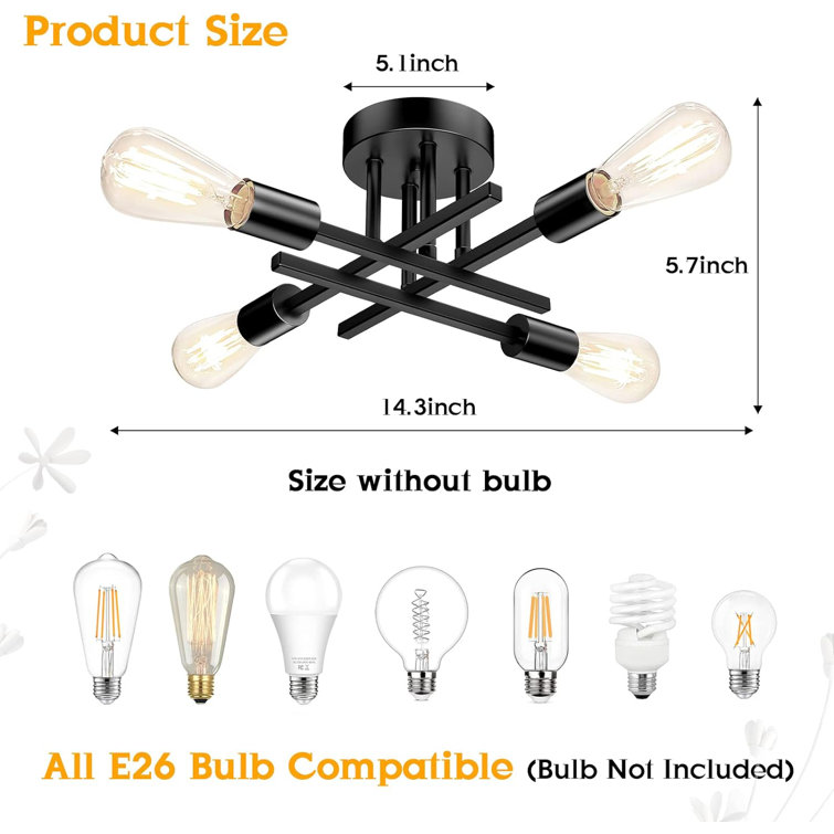 Black 4-Light Industrial Semi Flush Mount Ceiling Fixture