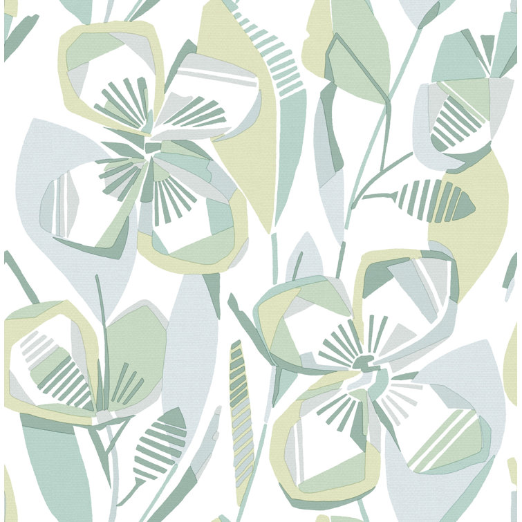 Nathalie Light Green and Blue Abstract Floral Wallpaper