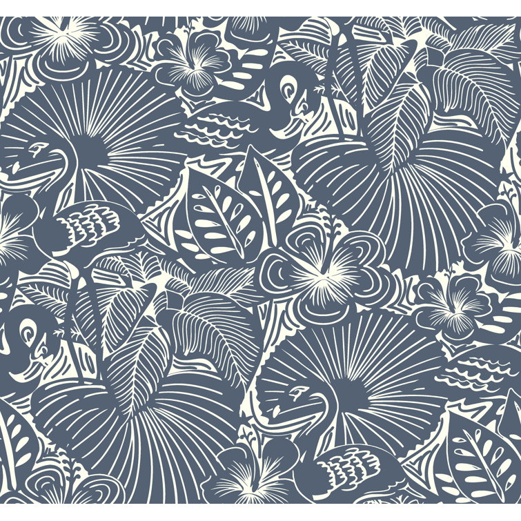 Idalia Navy and White Floral Flamingo Non-Woven Wallpaper