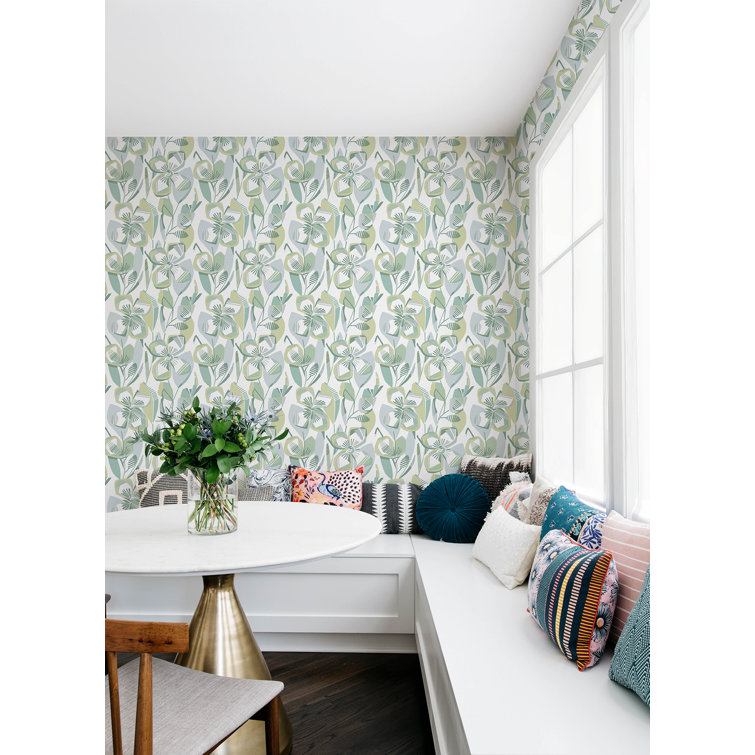 Nathalie Light Green and Blue Abstract Floral Wallpaper