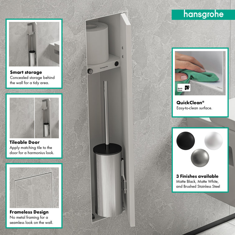 Matte White Recessed Toilet Brush Holder with Shelf and Door