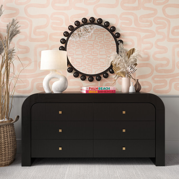 Modern Acacia and Black MDF 6-Drawer Dresser with Soft Close