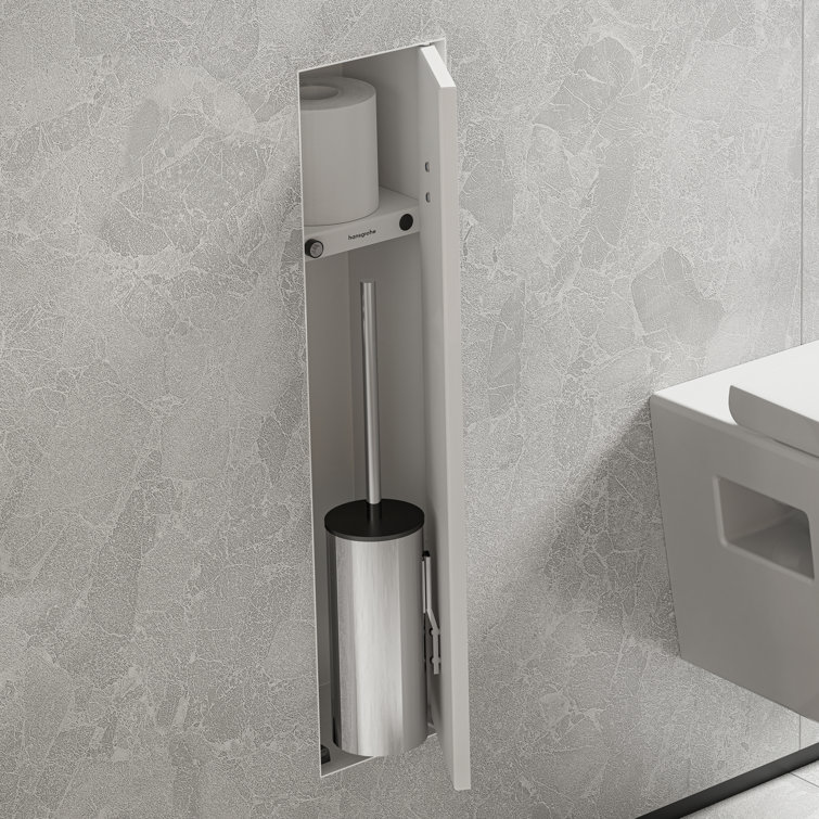 Matte White Recessed Toilet Brush Holder with Shelf and Door