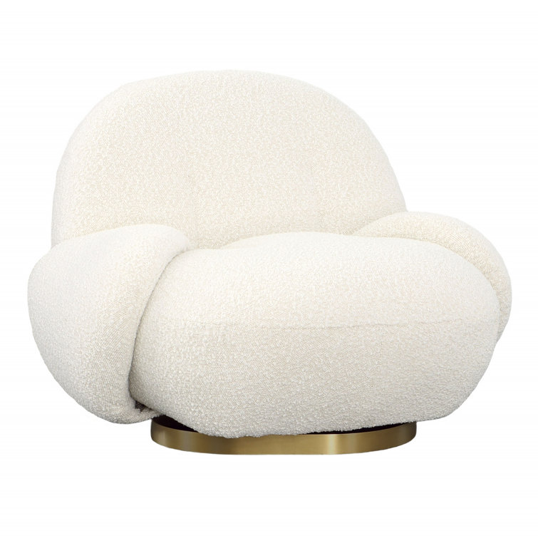 Ivory Polyester Tufted Swivel Lounge Chair with Brass Base