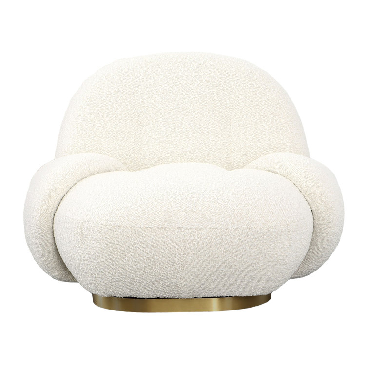 Ivory Polyester Tufted Swivel Lounge Chair with Brass Base