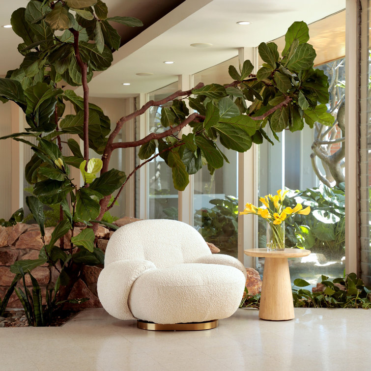 Ivory Polyester Tufted Swivel Lounge Chair with Brass Base
