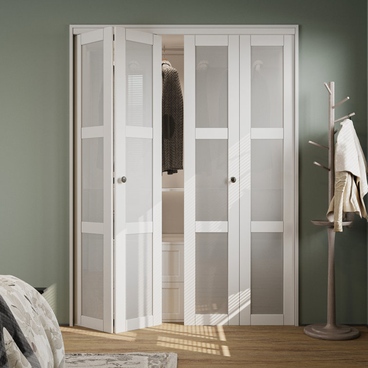 60 in. x 80 in. White MDF Bi-Fold Door with Frosted Glass Panels