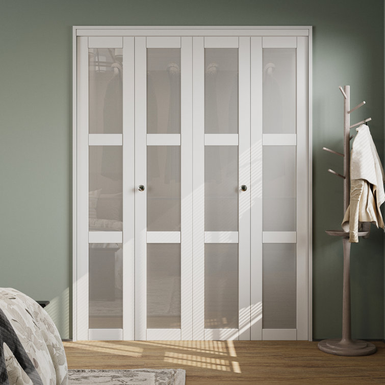 60 in. x 80 in. White MDF Bi-Fold Door with Frosted Glass Panels