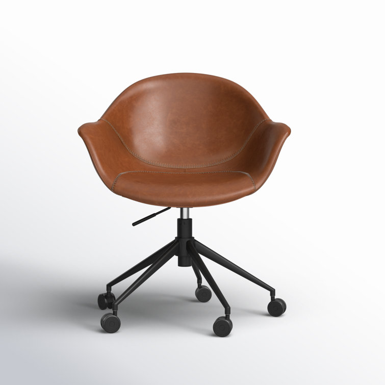 Transitional Ember Swivel Task Chair in Light Brown Leather and Black Wood